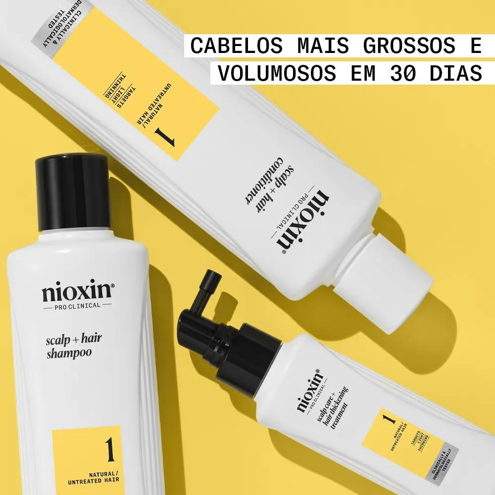 Produtos do Kit Sistema 1 de Nioxin posicionados sobre um fundo amarelo
