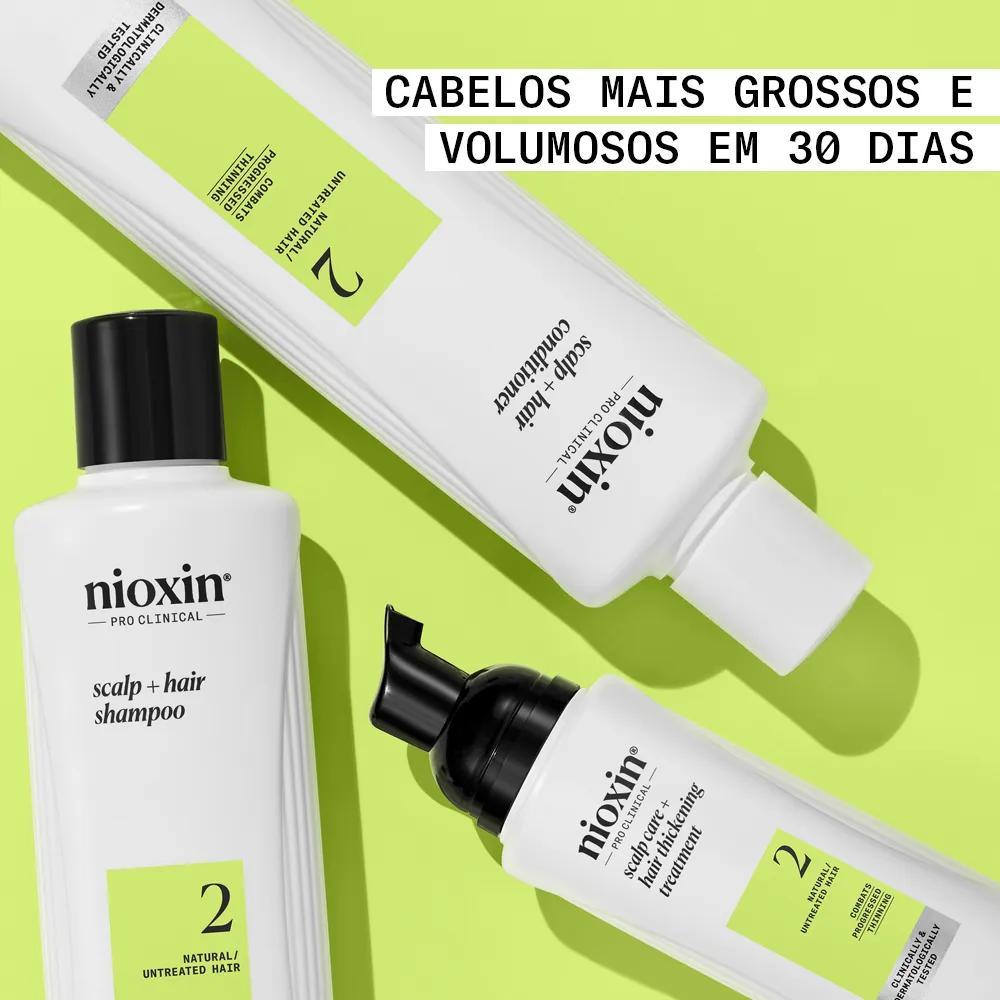 Produtos do Kit de Sistema 2 da Nioxin posicionados sobre um fundo verde-limão
