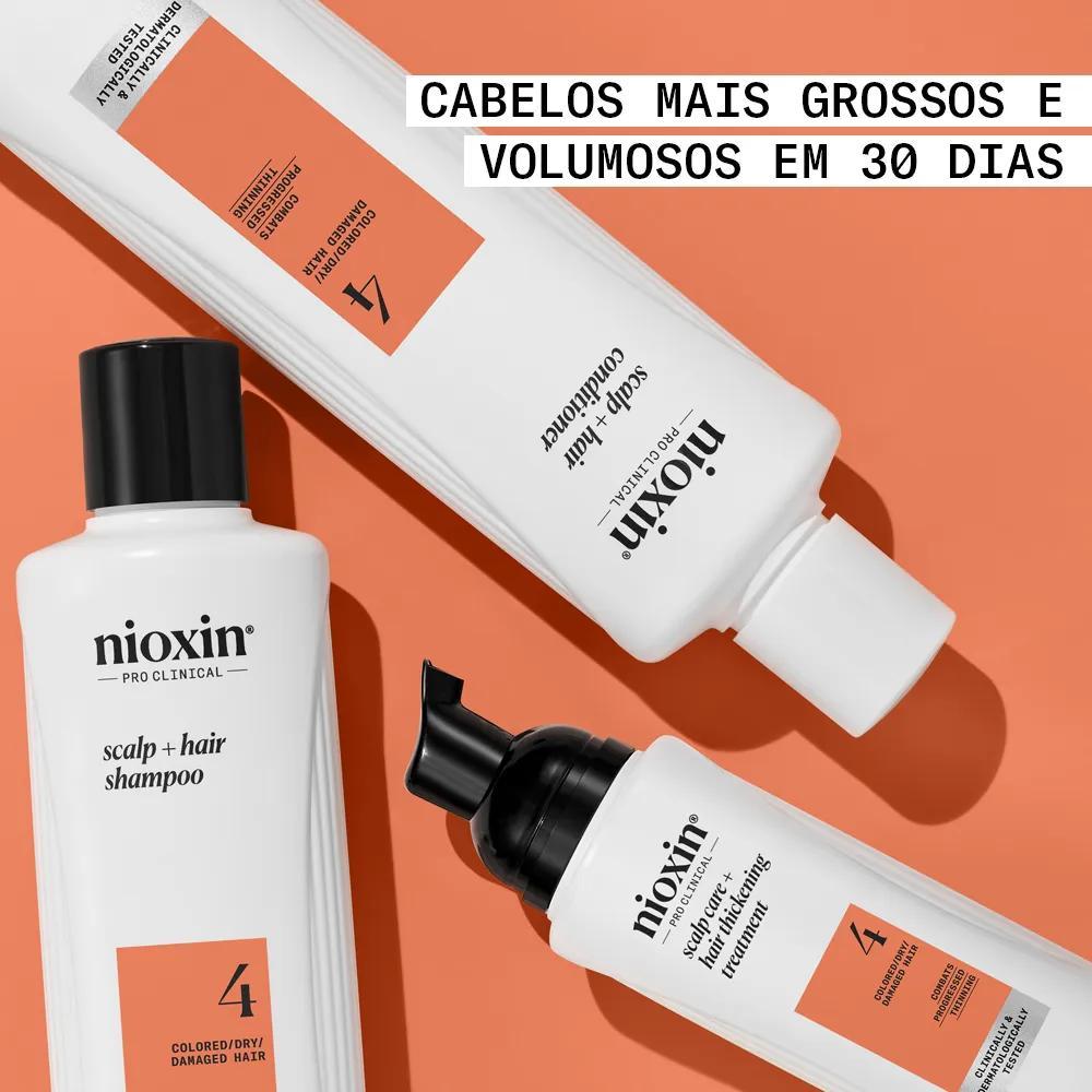 Produtos do Kit do Sistema 4 de Nioxin dispostos sobre fundo laranja